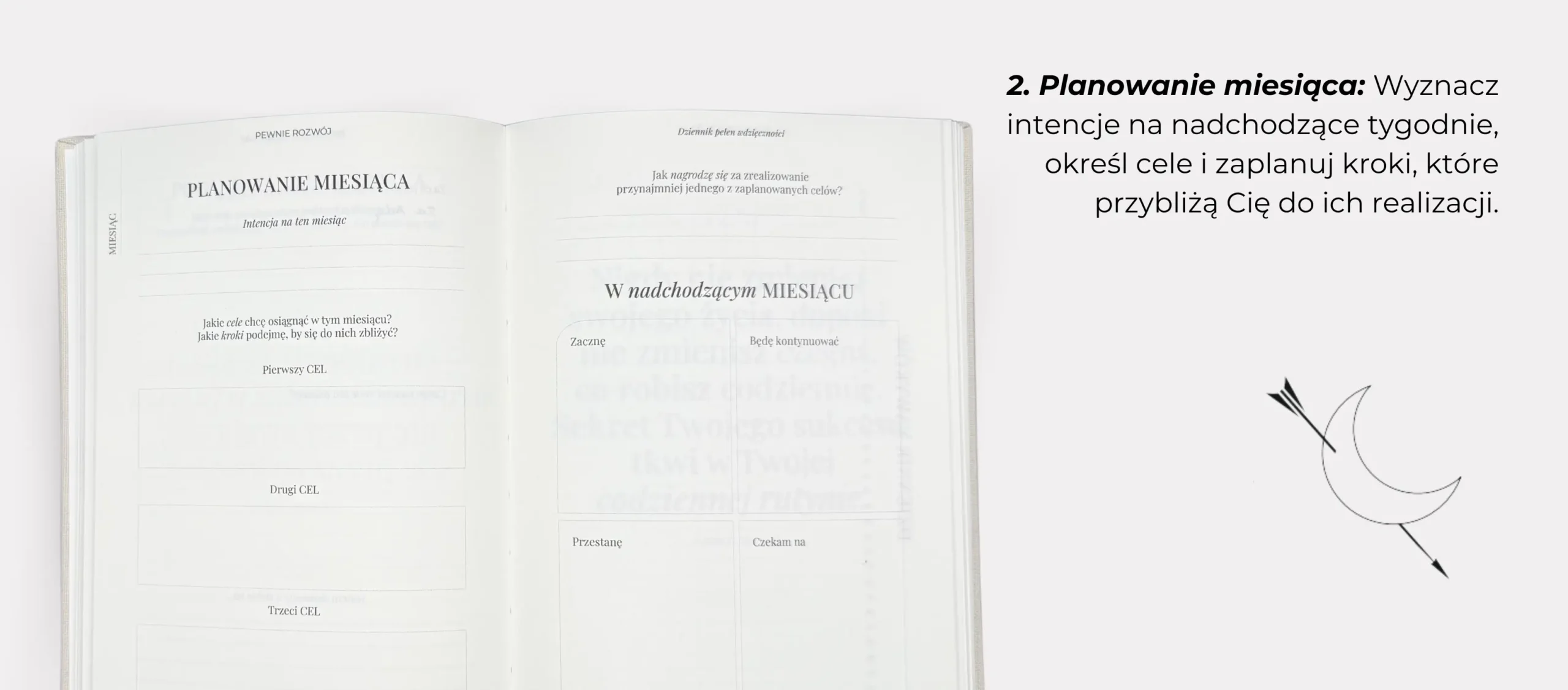2. Planowanie miesiąca; Wyznacz intencje na nadchodzące tygodnie, określ cele i zaplanuj kroki, które przybliżają Cię do ich realizacji.