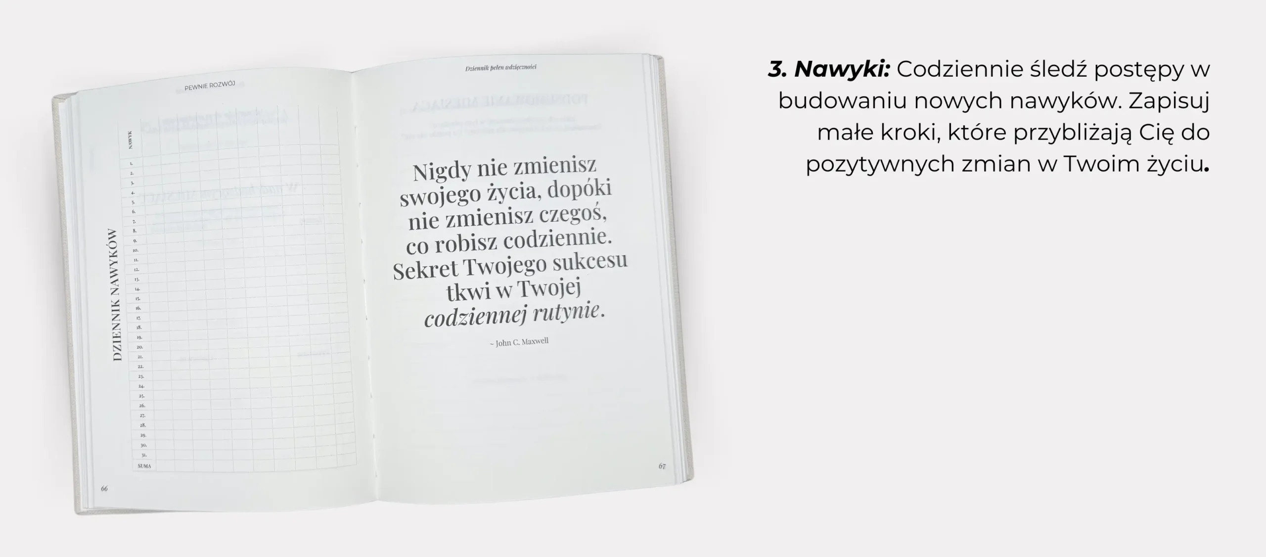 3. Nawyki: Codziennie śledź postępy w budowaniu nowych nawyków. Zapisuj małe kroki, które przybliżają Cię do pozytywnych zmian w Twoim życiu